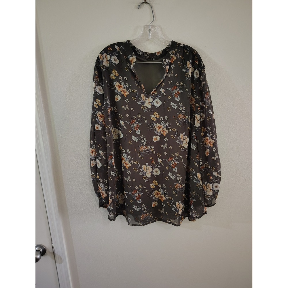 Papermoon‎ Floral Split V-Neck Blouse Olive Green Orange 3X BTX8358-FL